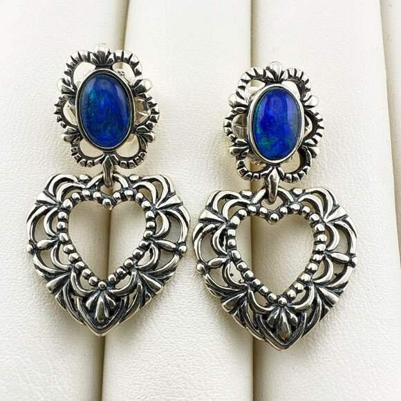 Carolyn Pollack Earrings Heart Blue Opal Te Amo Drop Sterling Silver 925 Scroll - Picture 1 of 10